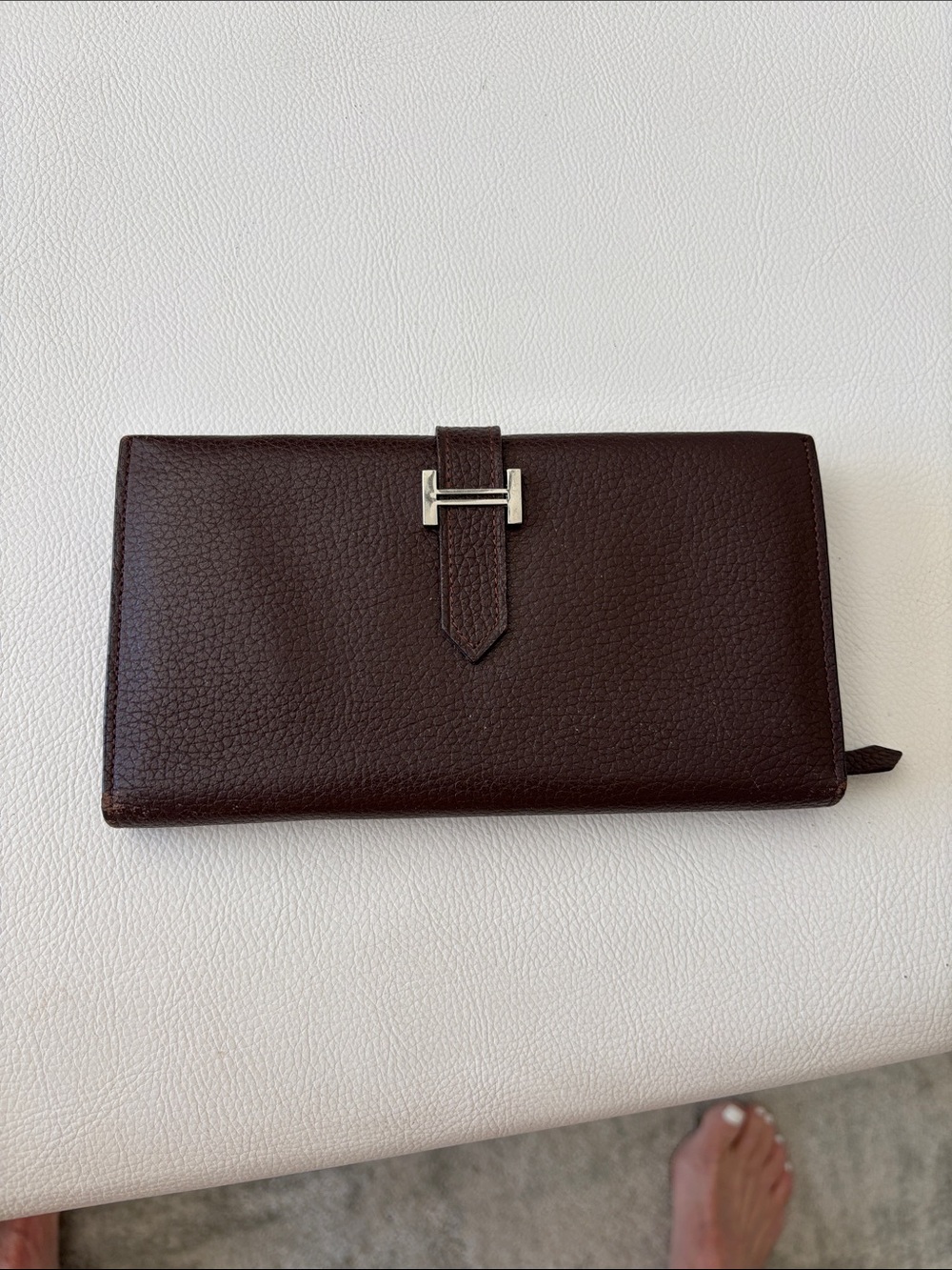 Hermes Dark Brown Pebbled Leather Wallet with Silver H-Clasp